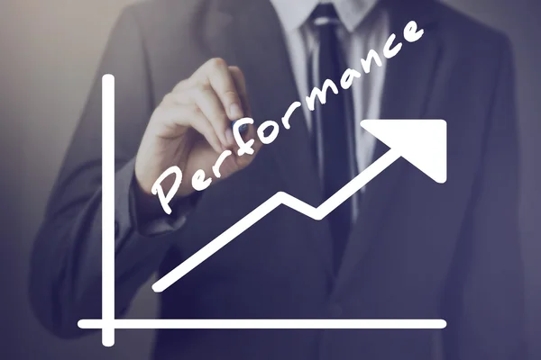 Podnikatel psaní stále pozitivní výkon graf nahoru - ukazuje lepší výkon opatření jako společnost, prodej, zaměstnance, správu, příjmy, atd. — Stock fotografie