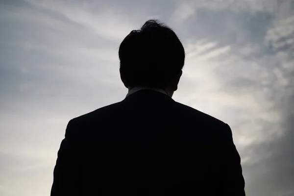 Achterkant van zakenman in silhouet van lage hoek met zonsondergang achtergrond - geeft krachtige bedrijfsconcept — Stockfoto