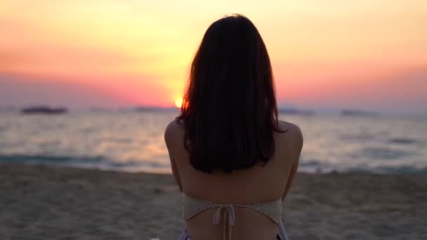 Vista trasera de la silueta de la joven sentada tranquilamente en la playa tropical al atardecer. Chica solitaria mirando la hermosa playa en verano con el sol y el océano en el fondo — Vídeo de stock