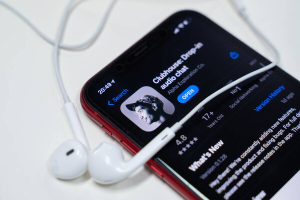 Bangkok, Thailand - February 18, 2021: Clubhouse drop in audio chat application in app store in iphone smartphone