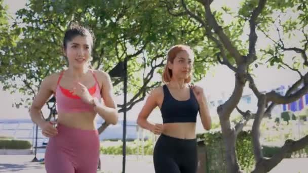 Женщины-друзья бегают в парке — стоковое видео