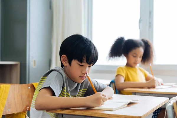 亚洲学童坐在课桌前写书，用铅笔、学习、教育、学习 — 图库照片