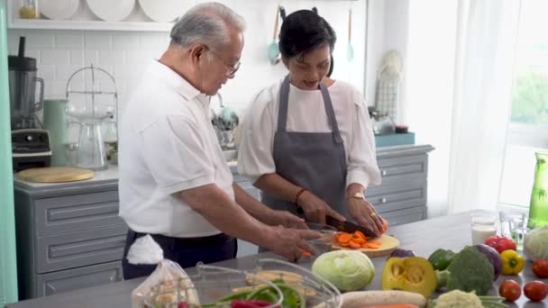 Pareja asiática mayor en el mostrador de cocina. Mayores de 70 años hombre y mujer preparando ingredientes para cocinar. — Vídeos de Stock