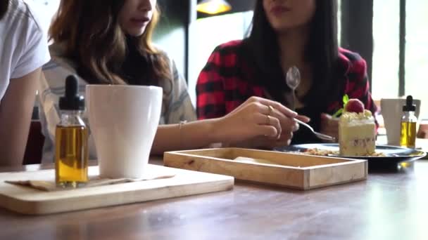 Barátok csoport női élvezik az evés és a beszélgetés a kávézóban és étteremben — Stock videók