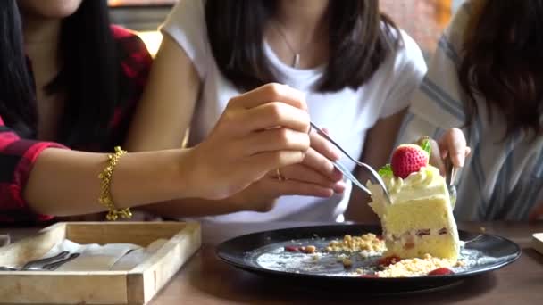 Friends group of female enjoy eating cake and having a conversation at cafe and restaurant — Video