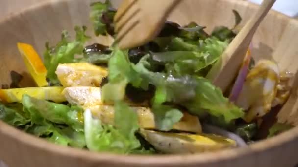 Stir and mix chicken breast with salad and organic arugula and lemon and sliced onion — Stockvideo