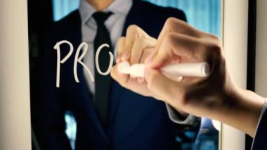 Smart business man writing the word PROMOTION on the mirror board