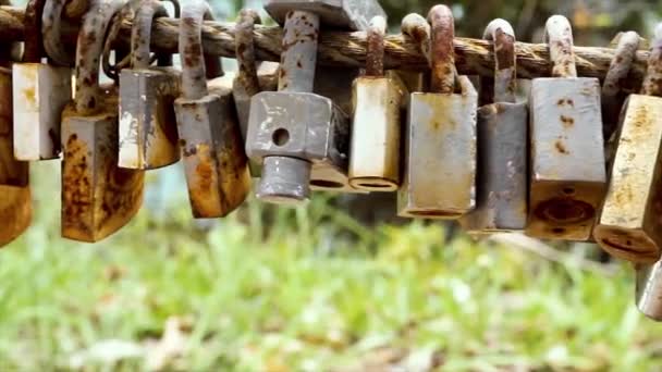 A lot of old and rusty love padlocks hanging on the bridge to represent forever love — Wideo stockowe