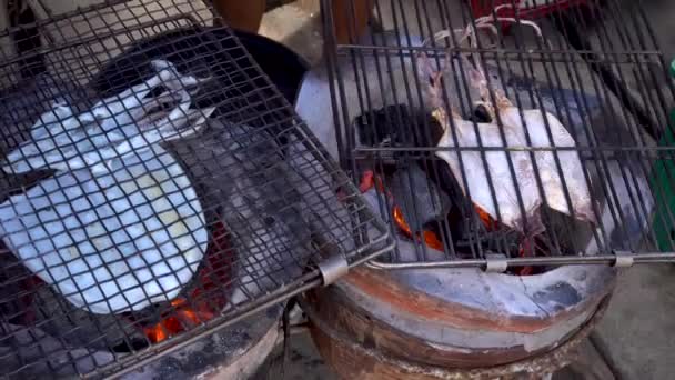 Delicious grilled fresh squids and dried squids on street food stalls in Thailand — Video Stock