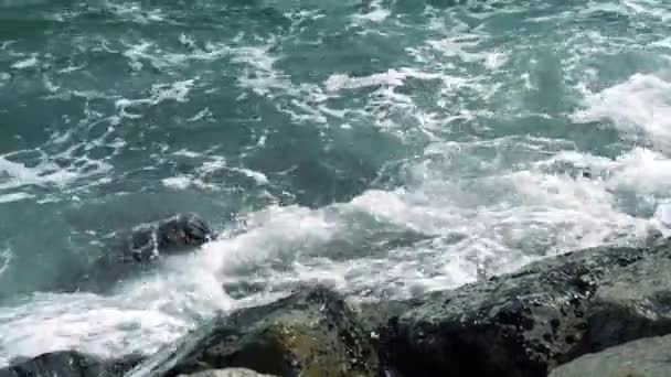 Güçlü dalgaların Rayong, Tayland, Asya 'da kayalık bir plaja çarptığı manzara videosu. — Stok video