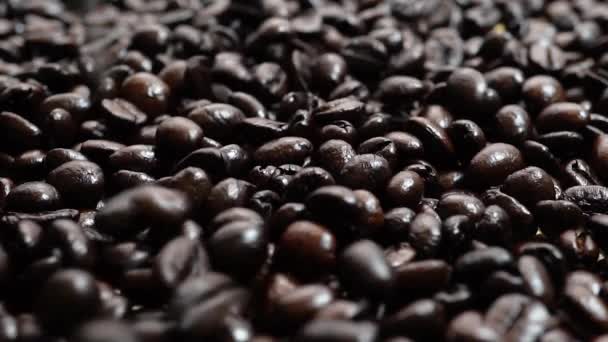Nyrostade kaffebönor som faller på hög — Stockvideo