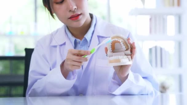 Aziatische vrouwelijke tandarts demonstreren juiste manier om tanden te poetsen houden mond model en tandenborstel — Stockvideo