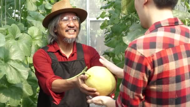 Propietario de la tienda de granja que da un cliente de respeto y dentro de las tierras de cultivo — Vídeo de stock