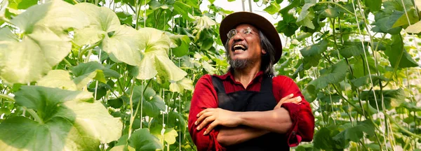 Senior male farmer having arms crossed wearing a straw hat in red farming uniform inside farm garden in summer — Stock Photo, Image