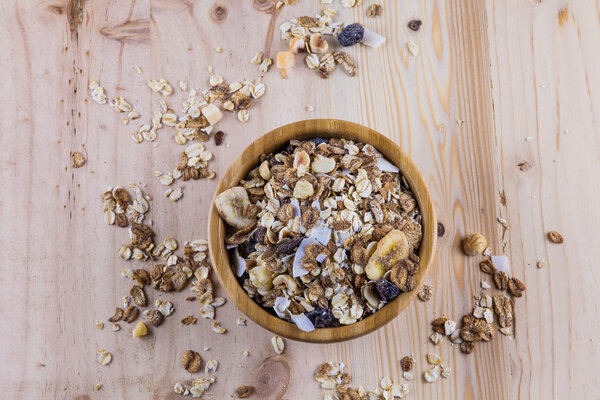 Dry corn flakes and muesli on the table. Top view