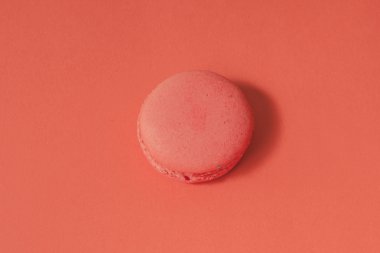 Lonely macaron alone in red pastel isolated background - top view perspective