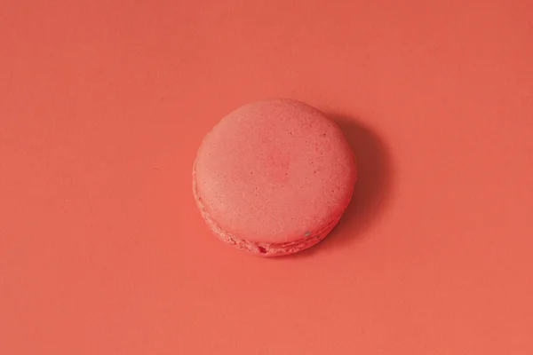 Lonely macaron alone in red pastel isolated background - top view perspective — Stock Photo, Image