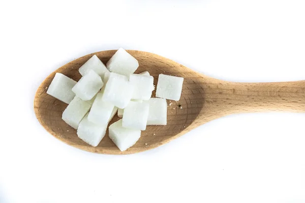 Aerial View of Sugar Cubes on Spoon on Isolated White Background — Stock Photo, Image