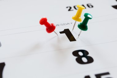 Pushpins on calendar, Busy and overworking days. Important date  clipart