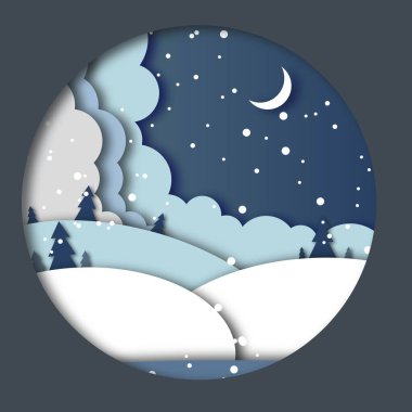 Kağıt etkisi illüstratör kışı. İyi geceler. Kar taneleri. Noel ağaçları