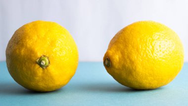 Limonlar, gri arka planda iki sarı limon. Yukarıdan görüntüle.