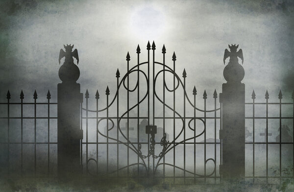 Cemetery gate with fog wide.