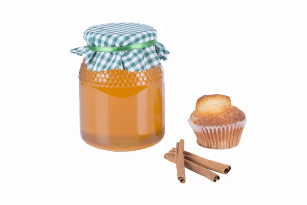 Pot de miel, moffin et cannelle — Photo