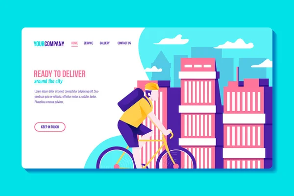 Kasaba Panorama İniş Sayfa Tasarımı Çizimi ile Bisikletli Adam 