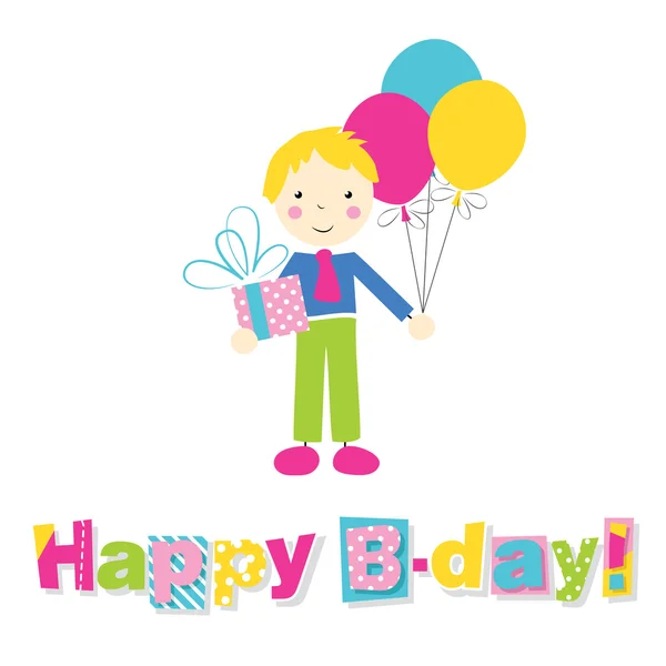 Little boy holding a birthday present and balloons with happy birthday typography — Stock Vector