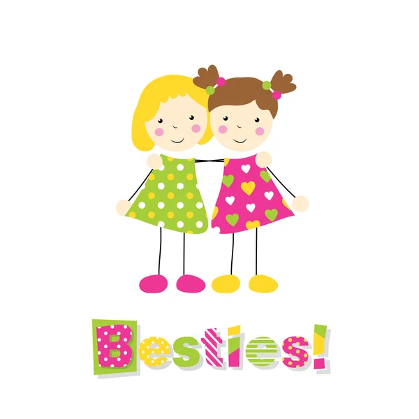 Two little girls holding arms around each other with besties typography — Stock Vector