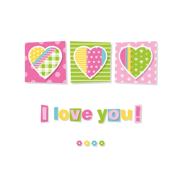 Três corações Eu te amo cartão — Vetor de Stock