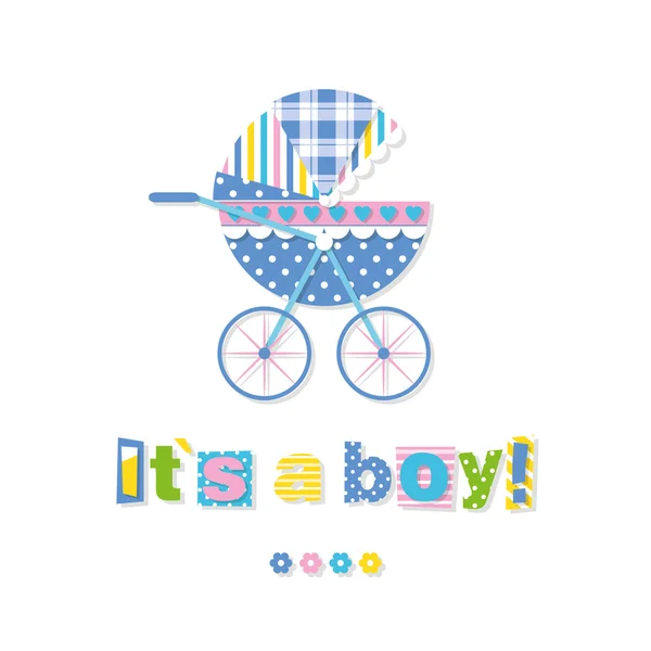 Baby jongen wandelwagen wenskaart — Stockvector