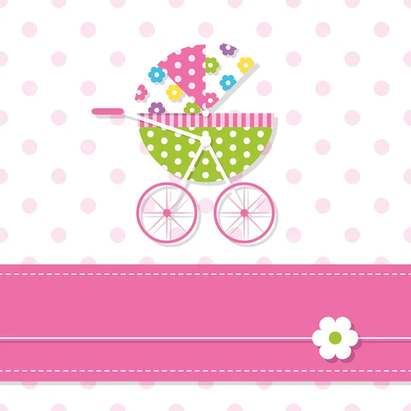 Baby flicka barnvagn gratulationskort — Stock vektor