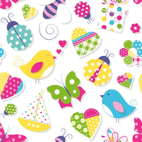 Cute hearts flowers toys and animals pattern — Stock Vector