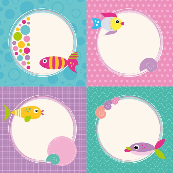 Set di carte di pesce cartone animato Funky — Vettoriale Stock