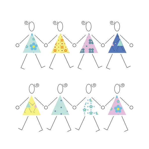 Bailando chicas en vestidos coloridos — Vector de stock