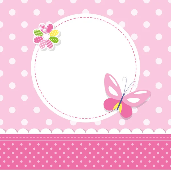 Rosa mariposa bebé niña tarjeta de felicitación — Vector de stock