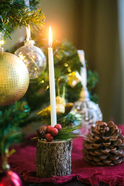 Buon Natale Felice Anno Nuovo Fiamma Candela Albero Natale Ornamenti — Foto Stock