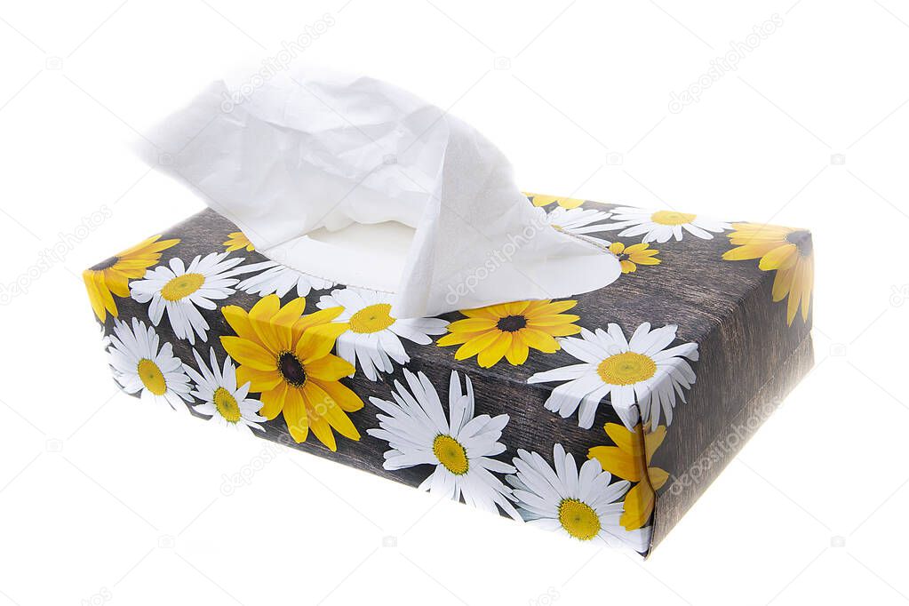 paper, disposable handkerchiefs in a box on a white background 