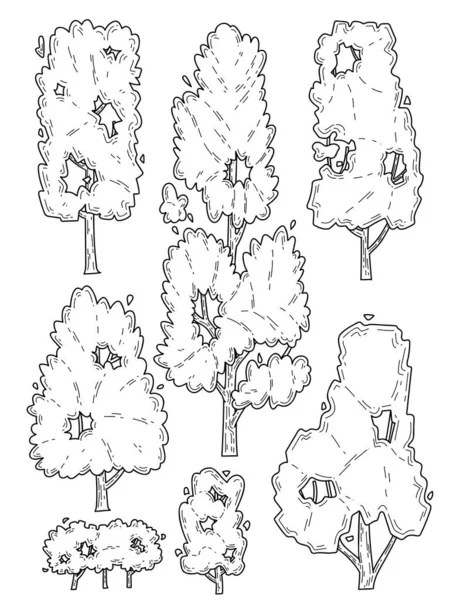 Mano Dibujado Lado Vista Árbol Vector Conjunto — Archivo Imágenes Vectoriales