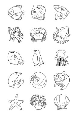Deniz hayvanlarının el çizimi vektör kümesi.