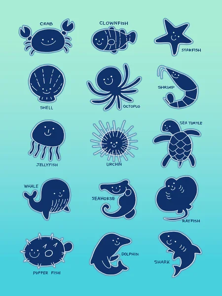 Lindo Mano Dibujado Vector Dibujos Animados Conjunto Animales Mar — Archivo Imágenes Vectoriales