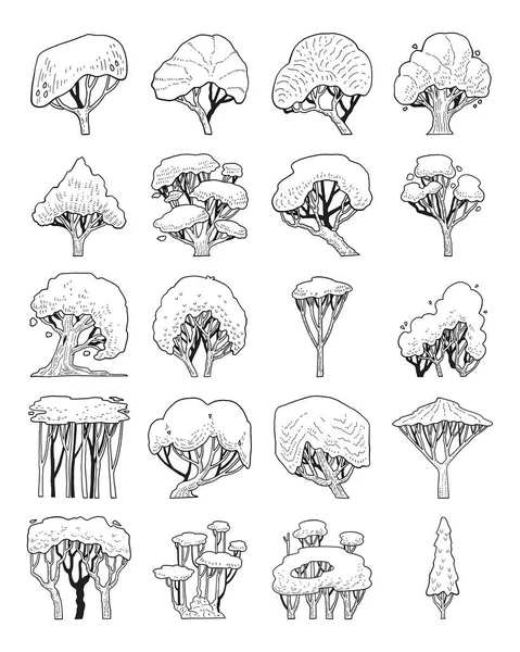 Vecteur Dessiné Main Ensemble Arbre Vue Latérale — Image vectorielle