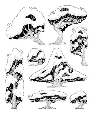 Yan görünüm ağacının el çizimi vektör kümesi.