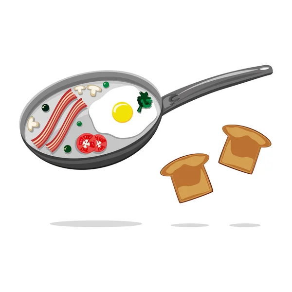 Frühstück. Ei, Toast und Speck in der Pfanne. kein Text — Stockvektor