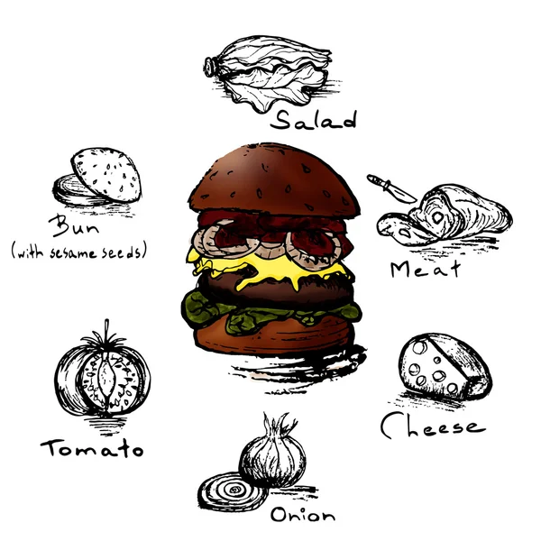 Burger. Termékek - recept. — Stock Vector