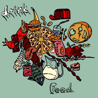 Yiyecek ve içecekler. Elle çizilmiş.