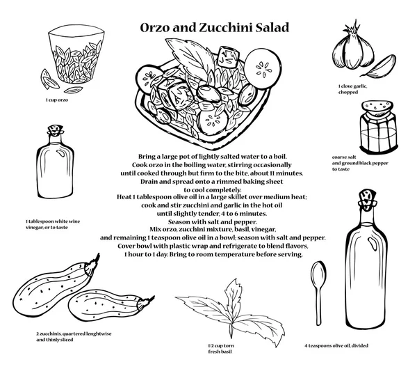 Resep salad Orzo dan Zucchini. Menu - Stok Vektor