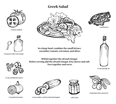 Greek salad recipe. Black and white