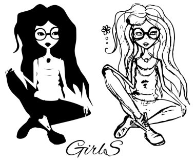 İki kız. Moda. Siyah ve beyaz.